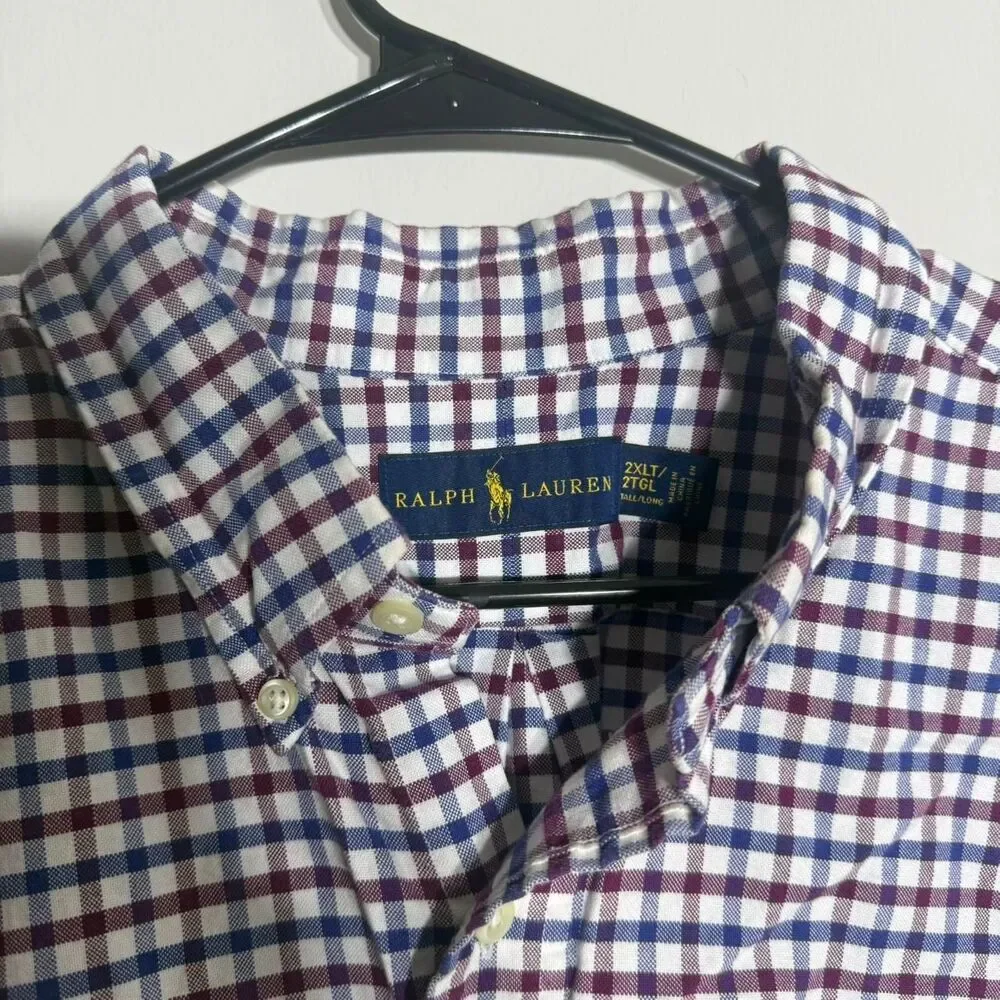 Polo Ralph Lauren Button Down Shirt 2XL Maroon Blue Plaid Check Long Sleeve Top